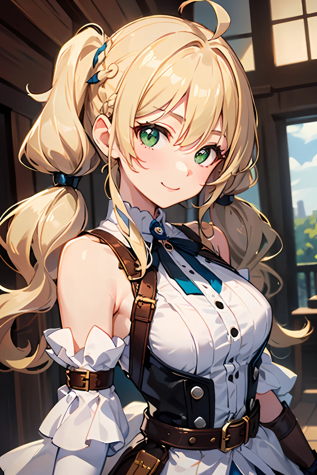 (NSFW:1.2)(best quality, masterpiece, highres,e:1.2)(kawaii)(Beautiful face)(Petite:1.4 ), ((Blonde hair:1.4),Wavy hair, Hair Between Eyes, ((low twintails:1.4)), Braids , side locks, Ahoge, flipped hair )hair ornaments,(Green eyes:1.2) ,Steampunk, (London street fashion:1.1)engineer,(white sleeveless sundress:1.4), Belt, Bracelet , (Leather gloves:1.4)(tighstrap)(Looking up:1.2) ,Cowboy Shot,(Dynamic Angle, (close to viewer:1.2), Focus Face, fish-eye lens,(white back)),(hands on own face),light smile