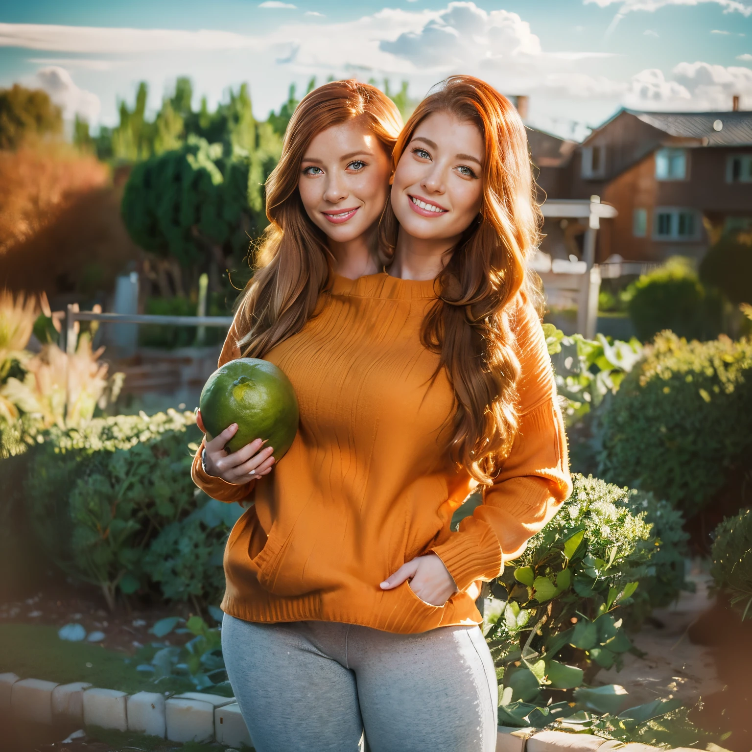 (((2heads))),(masterpiece, best quality:1.4), (modern days), thicc, obese,(full body shot), 1girl, solo, pov, sfw, stunning girlfriend, thick rimmed glasses, (standing:1.1), dynamic pose, (orange oversized stretched turtleck sweater ,orange knit sweater:1.4), (skinny white yoga pants, white yoga pants: 1.4), (((big bulge))),(denim jacket: 1.4), (long blonde hair), long curly red hair,bangs, heart-shaped face, elegant face, beautiful face, freckles, high detail face, high detail skin, skin pores, subsurface scattering, (blue eye details), realistic pupils, droopy breasts, loving smile, looking at the audience, full blush, plump lips, holding a watermelon, centered, , at a vegetable garden in her backyard in a typical american suburban neighborhood,  wind, detailed background, depth of field, Atmospheric perspective, volumetric lighting, clear focus, absurd, realistic proportions, good anatomy, (realistic, hyper-realistic:1.4), 16k HDR,