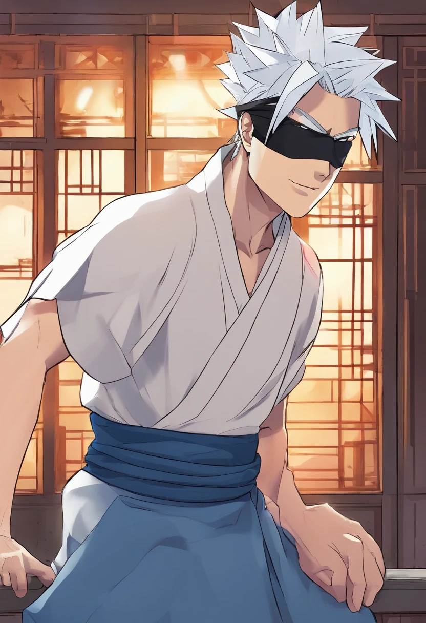 (Idade:32,male people,White hair,eBlue eyes,White robe with light, ninjartist,Naruto,Dark skin,body builder), (A high resolution,4K,professional,physically-based renderingt,vivd colour), (sportrait,Japanese cartoon), (lamplight:moodiness,shadowing,The light from the back window is backlighted), (shades:cold shades,Blue tones), Japanese cartoon