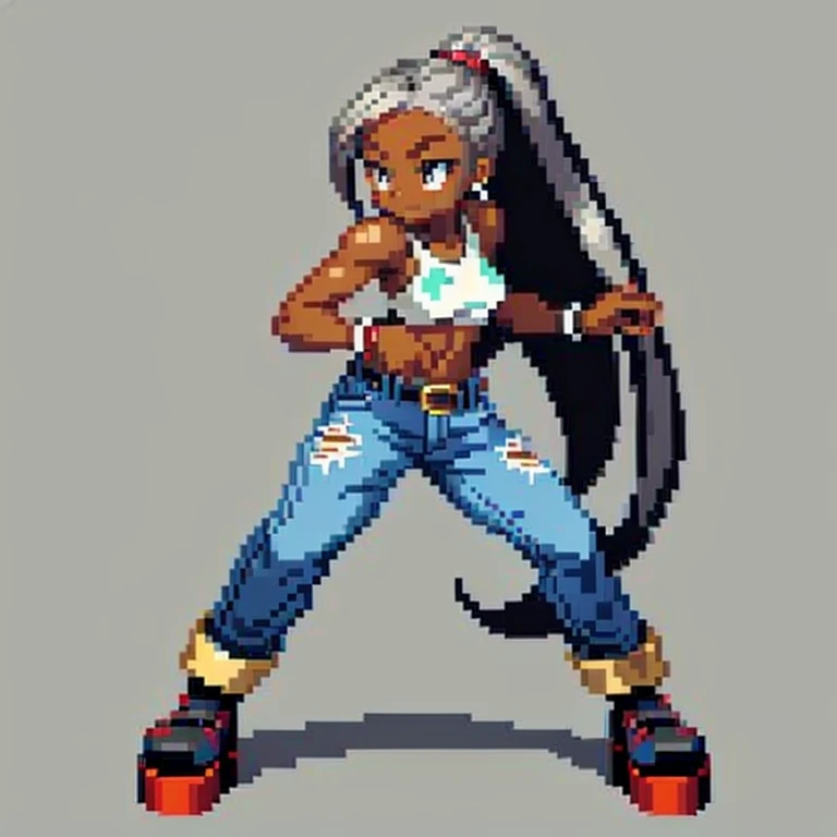 Gray hair, dark skin, Platform character, pixel art, whit shorts, pink shirt