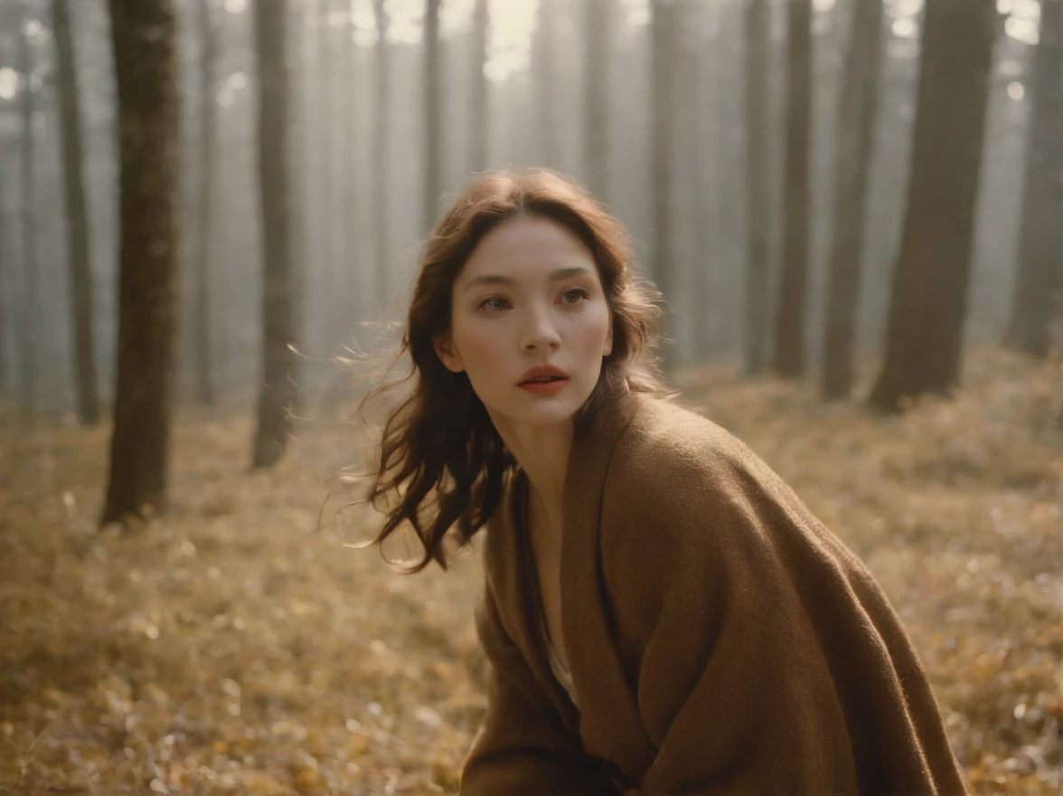 diana frost beauty, run around in nature, Norinobu Shinoyama, play with light and shadow, Excessiveness, Surreal details, surrealist style image、Wes Anderson