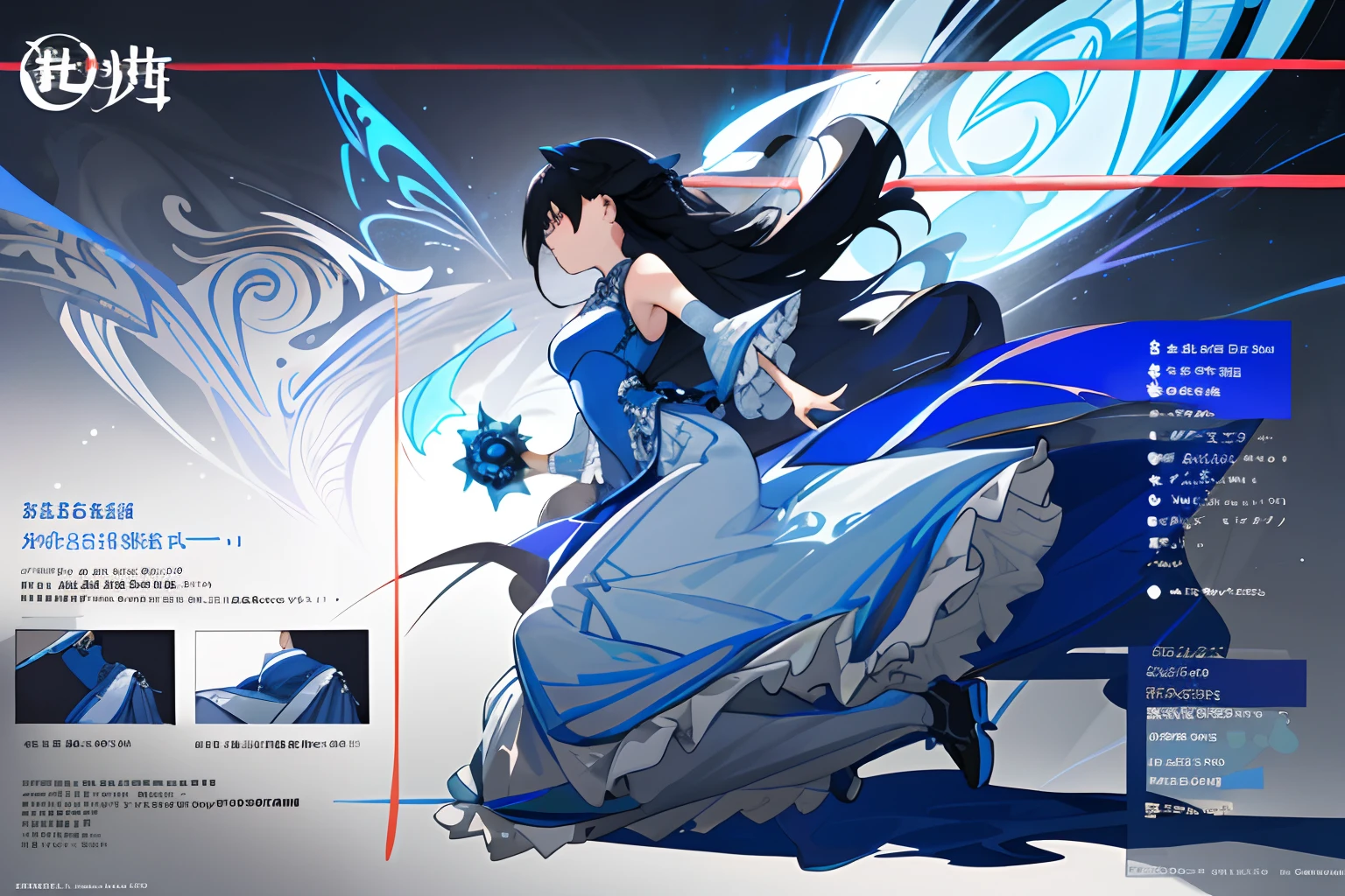 character reference sheet, Inside a magical Chinese elegant girl , Leotard Combination China Clothing , White Decorative Light Blue Dress, frills skirt, Shooting from the front, Virtual Idol, ,dark blue long hair, Holding Mechanized Chinese Pipa, Bare shoulder, ,off shoulders,, ultra-thin fabric corset, {{{large breasts}}}, {{{{{{ comic magazine}}}}}},Unzip, exoskeleton,sideshot,{{{{bare hip}}}}