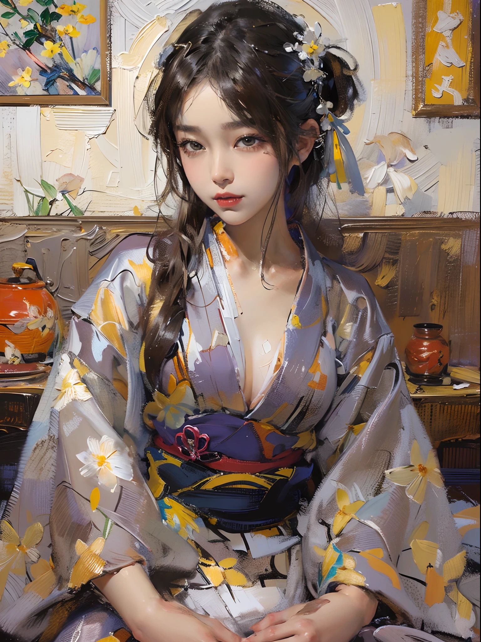 There is a woman squatting on the tatami,(((A MILF: 1.4))), (Beautiful curves:1.35),(((Dark skin))),Bending posture,, ((bigger )),((Lose weight completely )), (((Pinching the crotch while wearing a yukata))),((take off your bathrobe)),((pubes)), Sam rice cereal, Japanese beautiful wife Japanese model,Close-up of chest,Raised on back on bed,Charming and sexy legs,((Sexual suggestiveness)),,(Fechin Oil Painting - Fechin Oil Painting , oil painted), 03