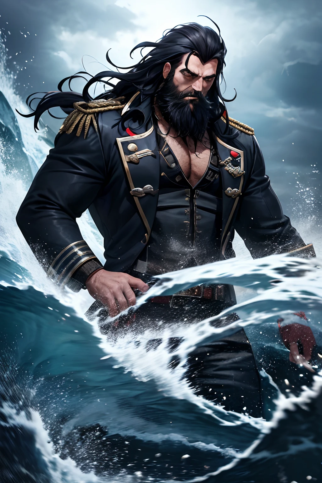 Background: A turbulent sea under a cloudy sky, creating a dark and menacing atmosphere. Character: Blackbeard, imposing with a wild black beard. His coat billows in the wind, accentuating his fierce posture. Colorful ribbons adorn his beard, adding a theatrical touch to his appearance. Details: Excerpts from the manual "The Arts of Maritime Terror" fly around him, with catchy titles like "How to Send Shivers Down a Sailor's Spine in Three Lessons." Distant lightning illuminates the scene, emphasizing his meticulous and terrifying side. Atmosphere: A strange ambiance, blending the brutality of the fierce pirate with theatrical elements of his passion for fashion. Sinister lighting highlights his ruthless nature while adding an intriguing note to his personality.