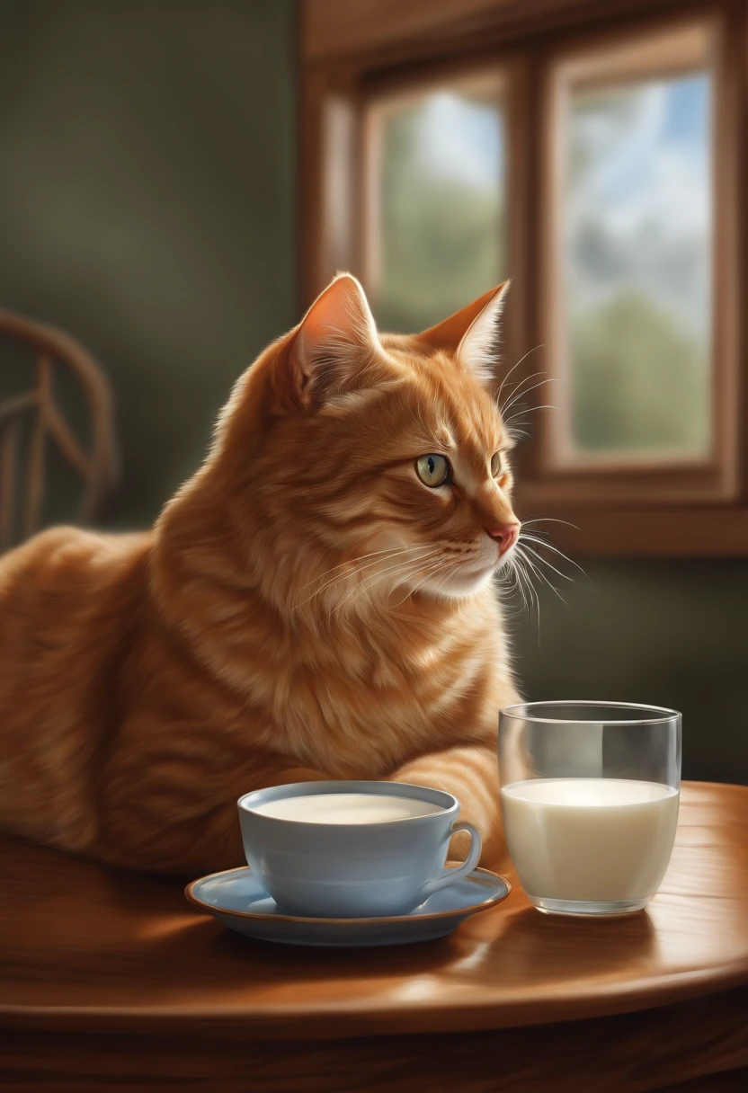 There was a cat sitting next to a glass of milk, cat drinking milk, Illustration of 1 cat, Hyper-realistic illustration, Hyper-realistic illustration, Hyper-realistic illustration, eine Katze. photorealistic paintings, Wayne England, Realistic illustration, surreal illustrations, sportrait, Close portrait, Award-winning surreal, by Lisa Milroy, author：by Galen Dara