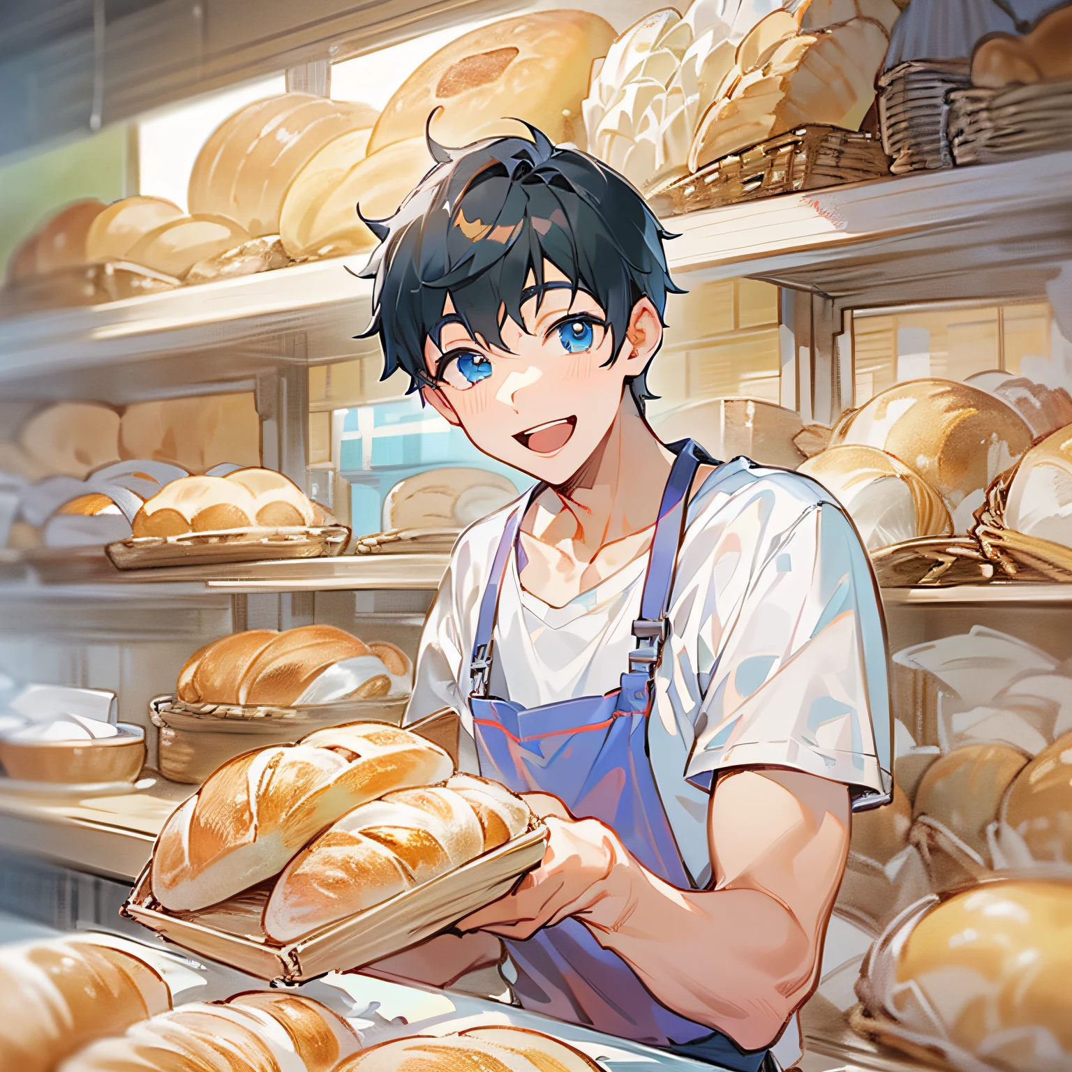masterpiece、hightquality、20 year old man with short black hair and blue eyes、Like a cartoon in Japan、wearing white t-shirts、Wearing an apron、(Alone:1.5)、(Gently smiling expression:1.1)、(Close-up of your face:1.3)、(Only the upper body is shown.:1.3)、Making bread、Bakery in the background、Bold composition、