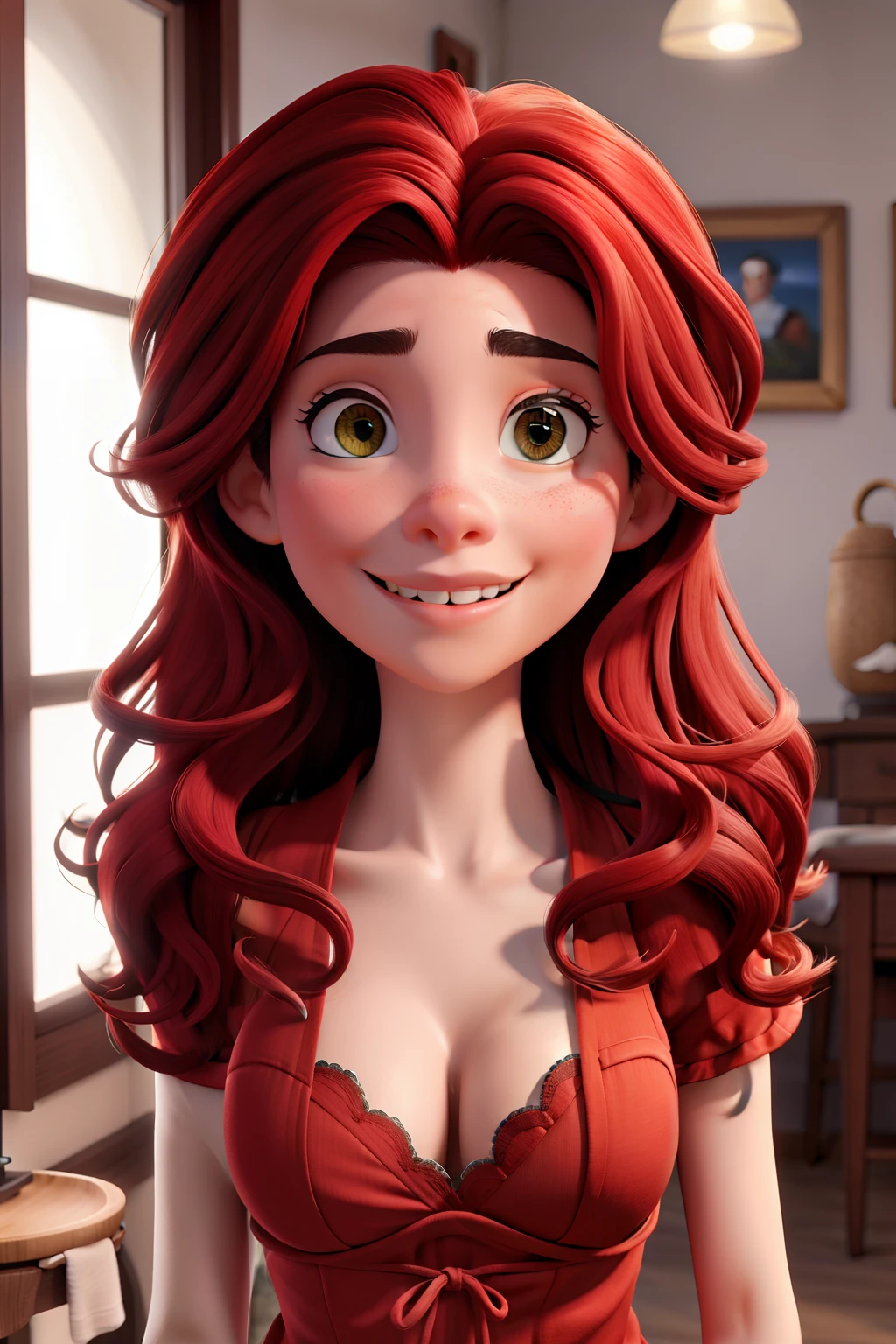 Cabelo crespo vermelho, olhos castanhos, sardas