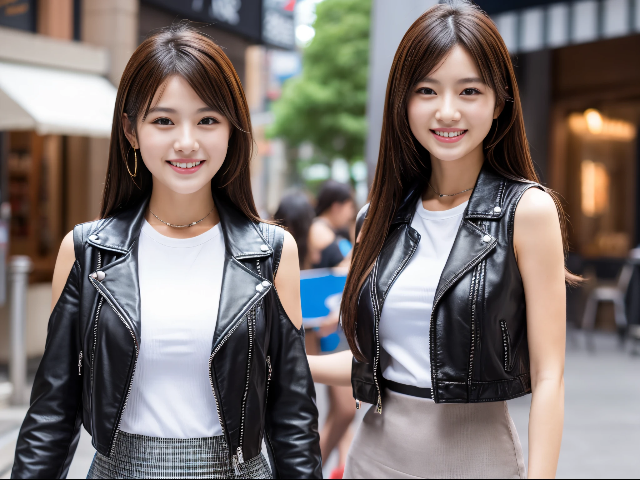 on the street,Beautiful woman,Japanese,leather dress jacket,sleeveless shirt,skirt,god smile,masterpiece,best quality,ultra detailed