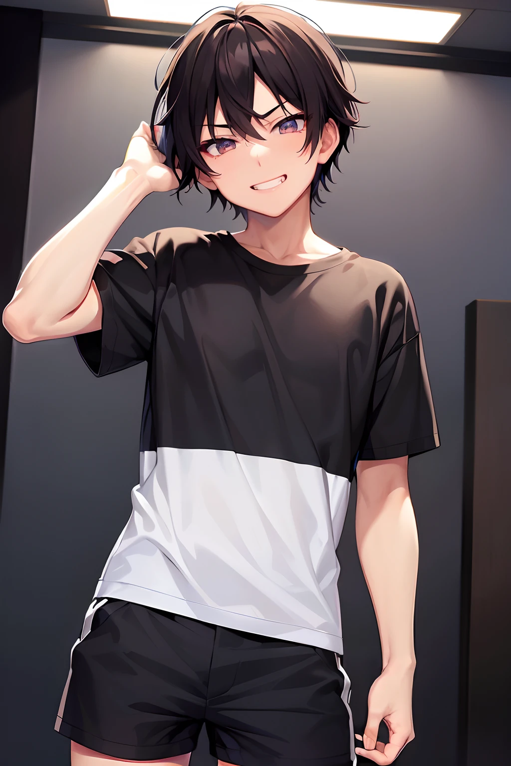 Cid Kagano, 1boy, perfect eyes, expressive eyes, standing, (((devious smile))), looking viewer, black shorts, white t-shirt, golden eyes, light brown hair, in view, hands behind back, teasing