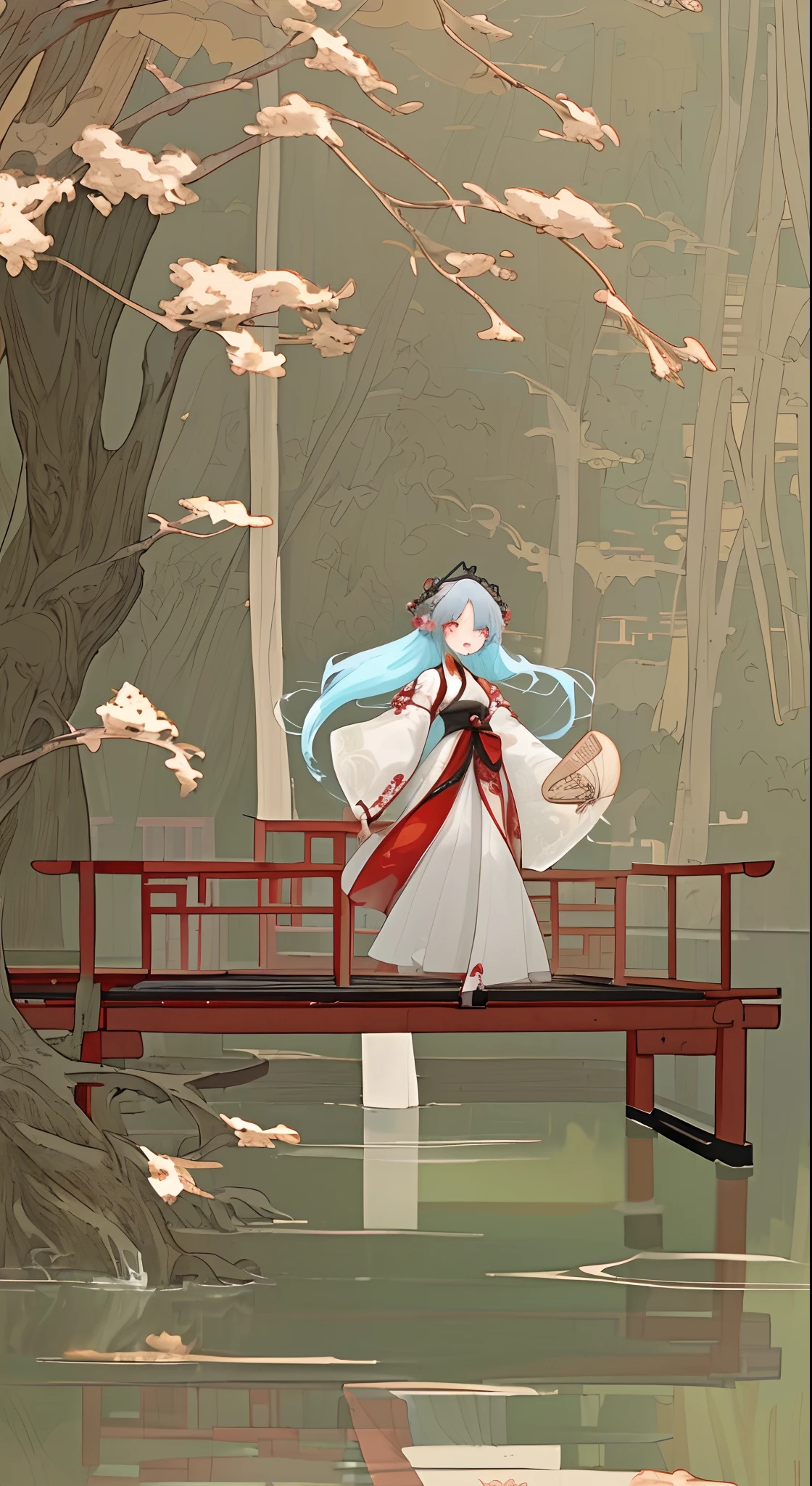 a cute and adorable anime girl standing on a wood bridge of a lake, with an ancient chinese fan in her hand, beautiful scene, wearing beautiful and elegant hanfu dress, blacknlong tied up hair with accecories, high quality, intricated detailed, cool colors, uktra HD res, 8k, wallpaper, anime style