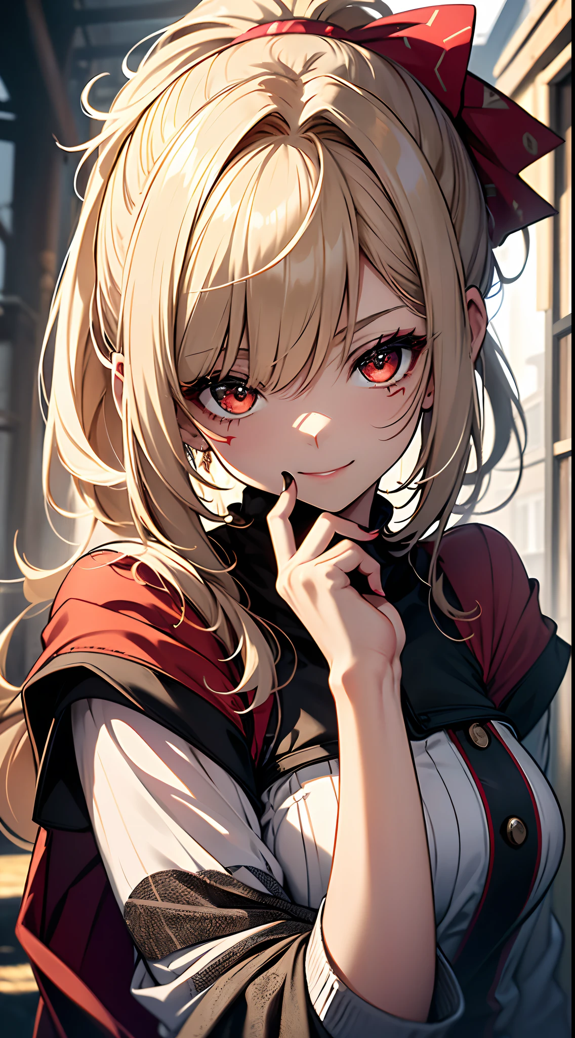 Oil Painting,Photography,Portraits,landscape,Colorful,Bright lighting,16-year-old girl,Pale golden hair flows in a ponytail,Innocent and pure smile, Big round red eyes that can melt your heart、A slight smil、Laugh,small tits, Dressed as a court jester, Capricious and mischievous, She wears traditional clown makeup with white face paint and dark red lips, zora々It creates a contrast of innocence and mystery in the depths of the eyes、It expresses the beauty and complexity of childhood、It is a combination of vivid illustration and photorealistic oil painting techniques, Create a sense of depth and texture. The details of the artwork are incredibly intricate and precise, Highlight all brush strokes and fine lines, The colors of the work are vivid and dynamic, With a wide range of shades that evoke warmth and playfulness. The lighting of the scene is bright and cheerful, Lighten the girl's face