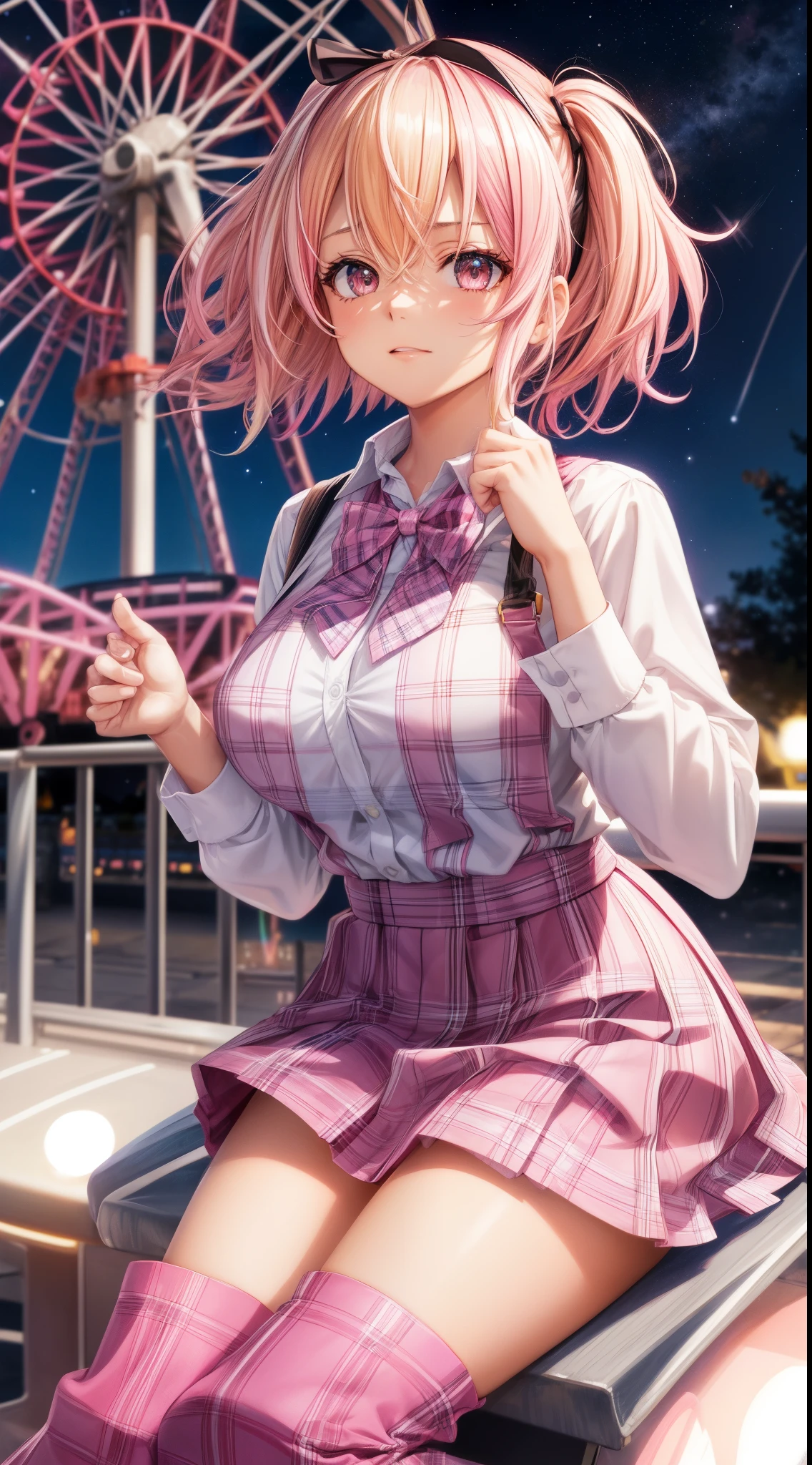 1girl, solo, blonde hair, (streaky hair), scene hair, pink streaks, short hair, huge breasts, headband, sitting, ferris wheel in background, amusement park, night, starry sky, nebula, holding plushie, ray tracing, chromic aberration, pink plaid bowtie, pink plaid skirt, black button up, sleeves pushed up, pink plaid sleeve cuffs, knee high boots, from below,