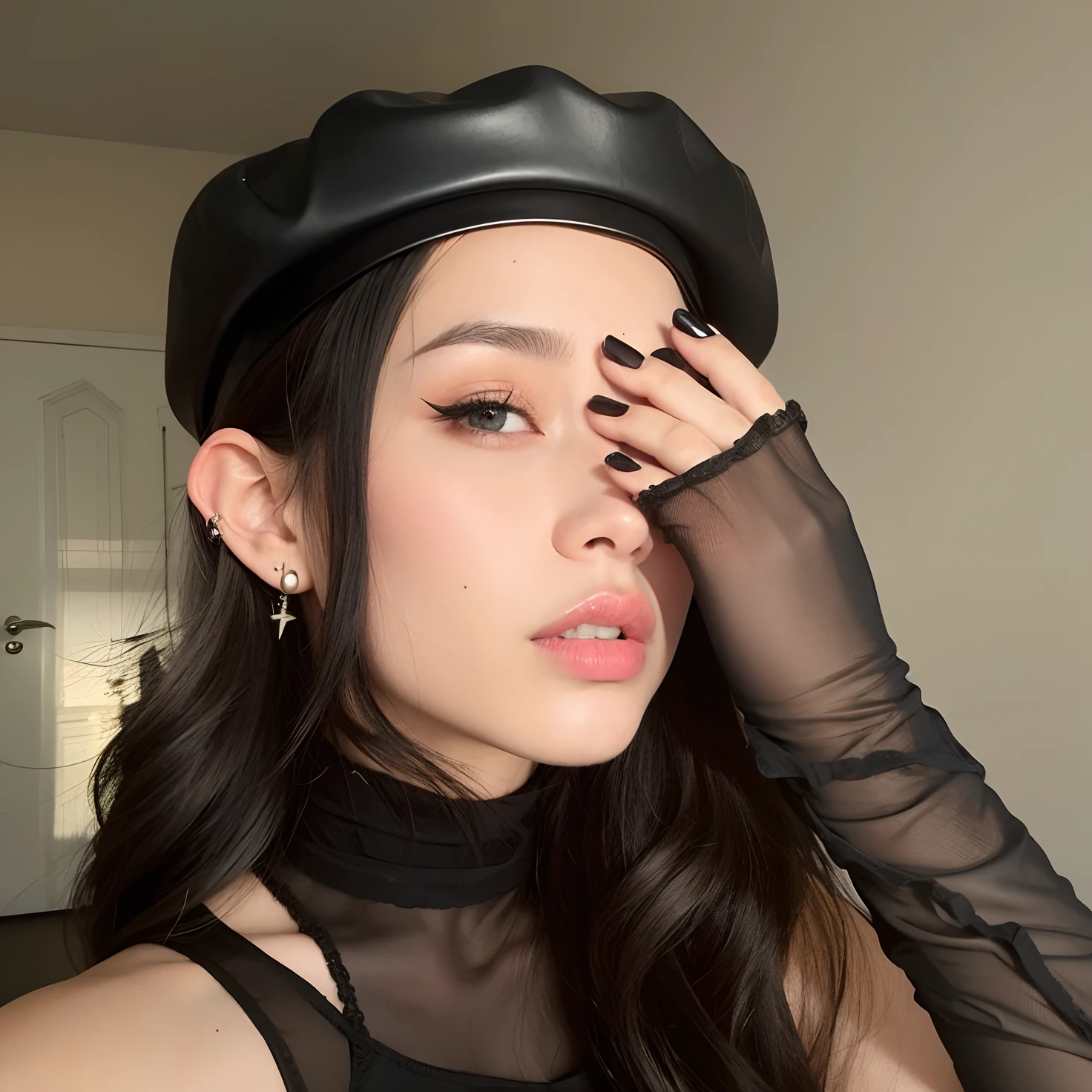 masterpiece, highres, 4k, 8k, highquality, 1girl, beautiful girl, ((super ultra cute and super beautiful feminine skinny 18 years old half-african half-Japanese girl with shiny black hair )), (tape gag) <lora:tapeGag_v10:0.8> <lora:coloredLipstickCONCEPT_v420:0.8> lipstick, (aqua lips:1.3)