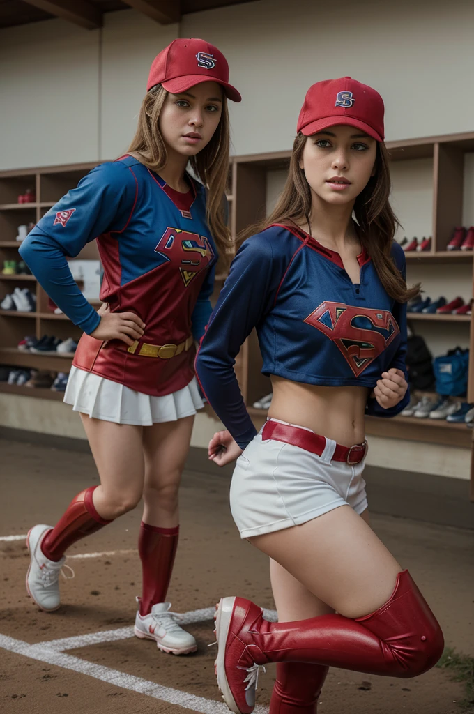 A scene where the women's baseball team transforms into Supergirl、S Mark、Transformation suddenly begins during the match.、The entire team transforms into Supergirl、Deformed baseball cap、Baseball uniform transforms into Supergirl suit、Transforms smoothly、Transform without any discomfort、Shoes transform into red boots、