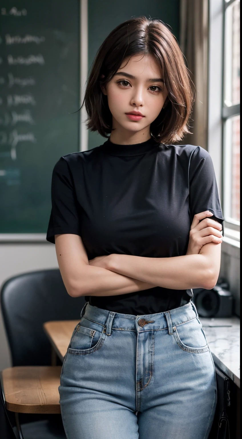 best quality, master part, ultra high-resolution, (fotorrealista:1.7), Foto RAW, Beautiful woman, She's a teacher, cabelo curto bob, (Peitos grandes:1.3), corpo sexy, bunda grande, quadris grandes, Standing, ((folded arms, arms uder breasts)), corar, Ela parece chateada, Professora sexy, TICC, ((Camisa Whit, saia preta curta)), Olhando para o Viewer, Sente-se na mesa, sala de aula