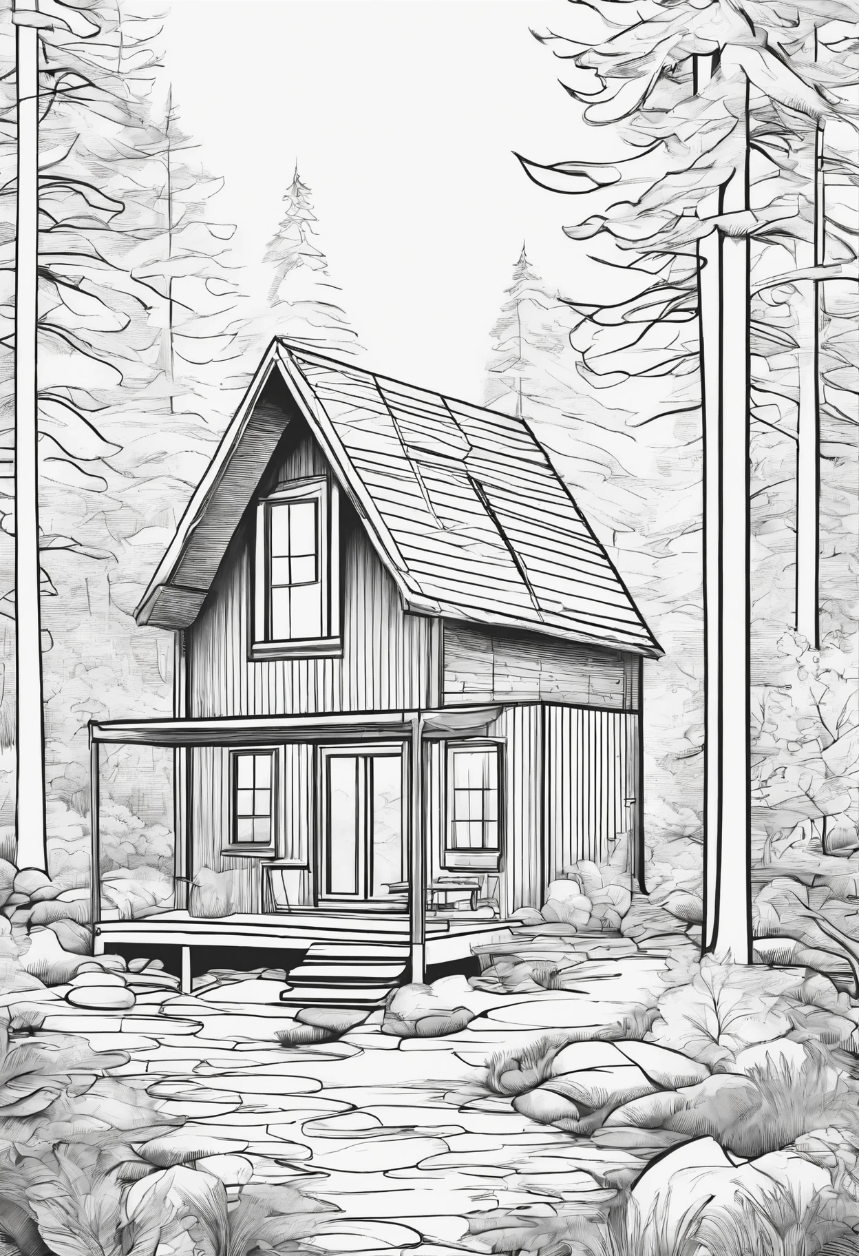 A cabin in a forest, high quality, coloring book page