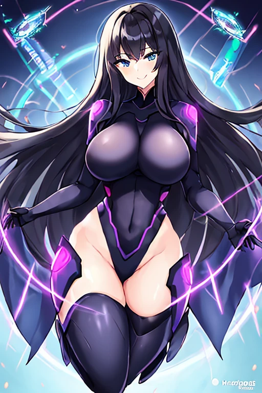 1girl, black hair, large breasts, breasts, thick thighs, wide hips, blue eyes, bodysuit, black bodysuit, long hair, light smile, happy, science-fiction, tech, futuristic, thighhighs, purple clothes, machinery, anime style, 2d, anime screencap, standing on one leg, leotard