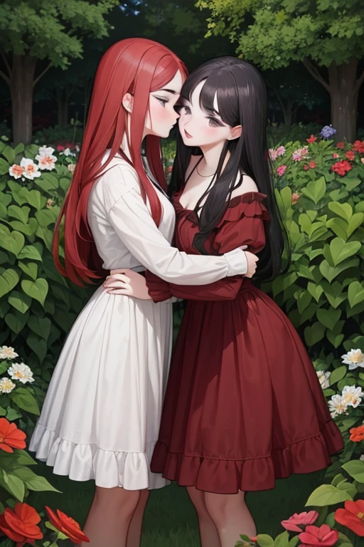 A black haired woman with brown eyes is kissing a red haired woman with red eyes in the garden