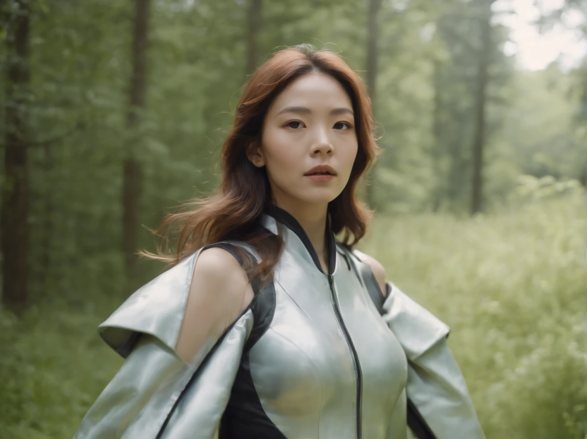 retro-futuristic,woman wearing futuristic clothes, run around in nature, Norinobu Shinoyama, play with light and shadow, Excessiveness, Surreal details, surrealist style image、Wes Anderson