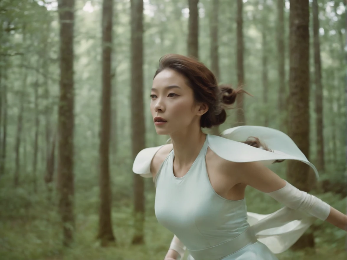 retro-futuristic,woman wearing futuristic clothes, run around in nature, Norinobu Shinoyama, play with light and shadow, Excessiveness, Surreal details, surrealist style image、Wes Anderson