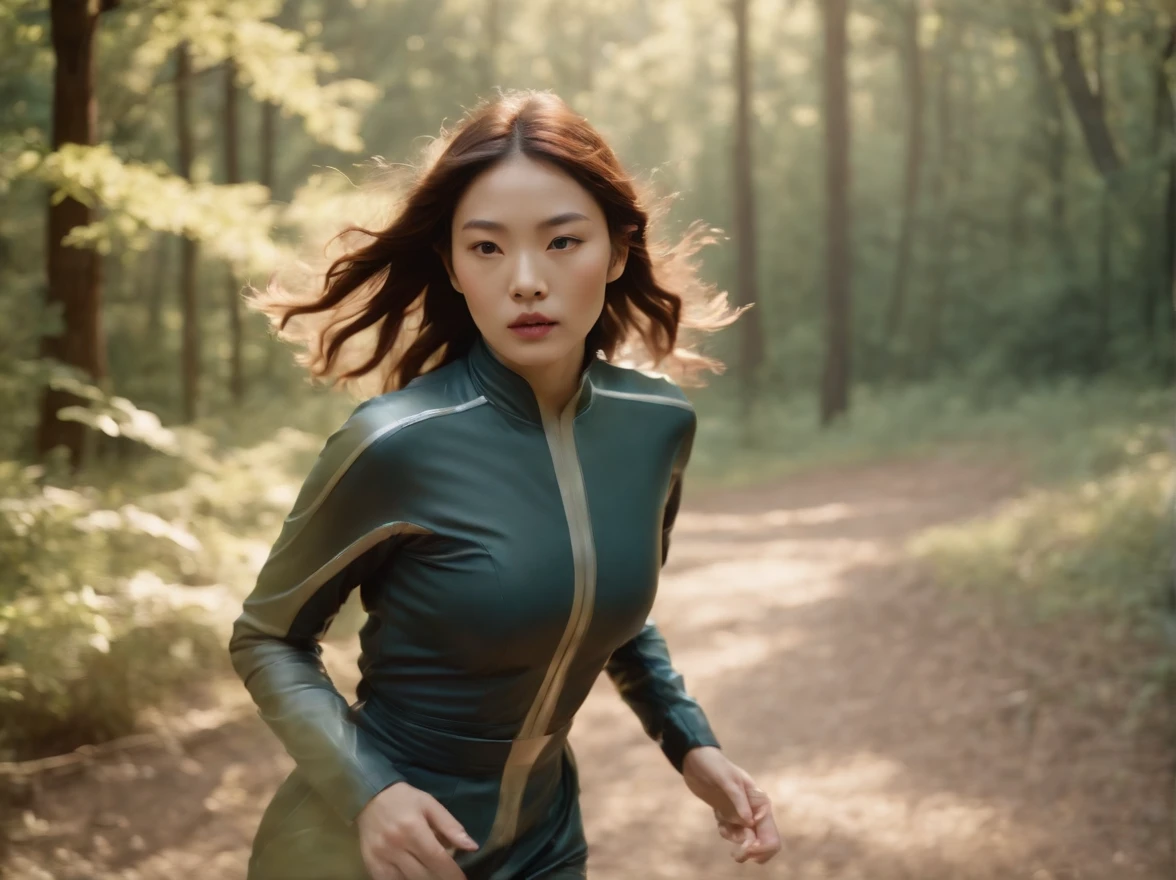 retro-futuristic,woman wearing futuristic clothes, run around in nature, Norinobu Shinoyama, play with light and shadow, Excessiveness, Surreal details, surrealist style image、Wes Anderson