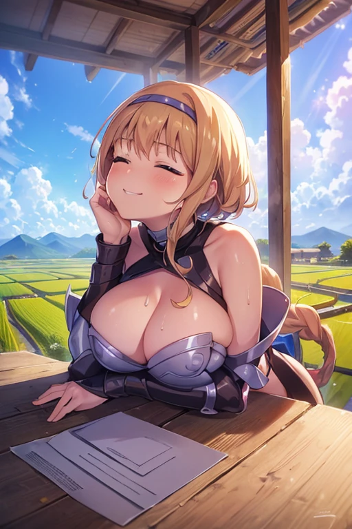 LeinaQuiron woman, 1girl, solo, breasts, blush, blue eyes, blonde hair, large breasts, cleavage, braid, hairband, armor, twin braids, side braid, short hair with long locks, buckle, shield BREAK (masterpiece, best quality:1.3), 4k, ultra-detailed, trending in pixiv, detailed background, BREAK (amidst the paddy field, countryside, scenery:1.4), BREAK (basking in the sunlight, looking up, relaxing:1.3), smile, closed eyes, (sweat, shiny skin:1.2)