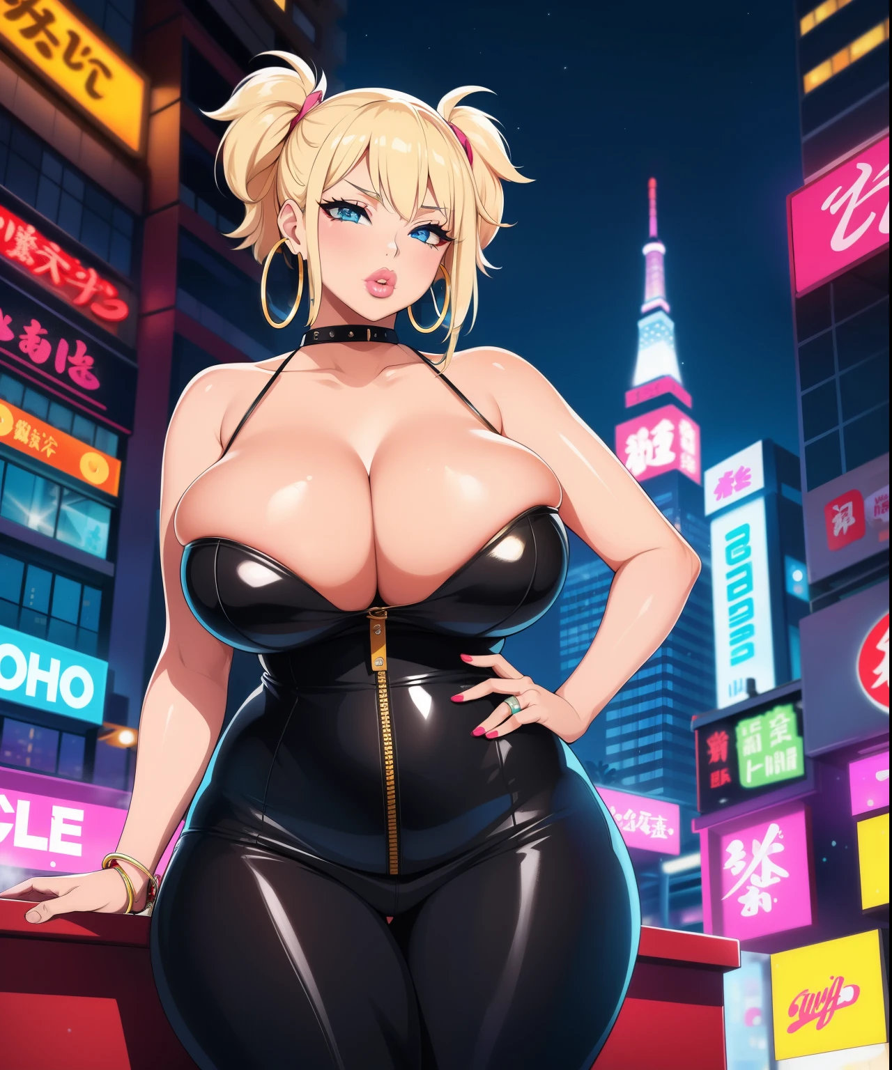 1girl,  (((bimbo))),(hoop earrings, puffy lips, painted lips, thick lips.:1.2) 
blonde hair, short twintails, wide hips, thick thighs, bursting breasts Nightlife, Night city, Cyberpunk city, futuristic cityscape. Neon lights, (skyscraper:1.1), Tokyo tower, palm tree, cloth sign, ramen stall, night club. bright city lights, exotic car. alcohol, bar, ramen, soup stall ,alcohol bottles,