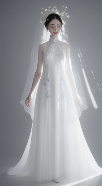 There is a dress on a mannequin stand with light, white hanfu, translucent dress, white royal dress, Elegant white dress, fantasy dress, Elegant dress, magical dress, romantic dress, intricate fantasy dress, complex white dress, Wearing a beautiful white, lady dress with glowing flowers, ethereal and dreamy, dream style, White Dress, Cheongsam, embroidery, Backlight
