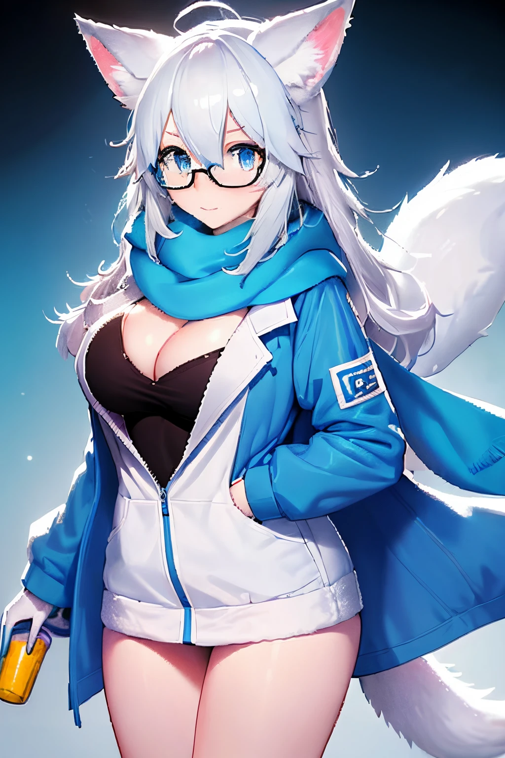 Anime character with arctic fox ears wearing blue lab coat and scarf,Arctic fox with cute blue fur and tail,Wear mid-rimmed glasses,Beauty of arctic fox in lab coat, Cientista da Raposa, desenho peludo profissional，apenas uma cauda, big boobs