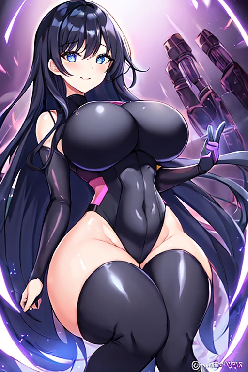 1girl, black hair, large breasts, breasts, thick thighs, wide hips, blue eyes, bodysuit, black bodysuit, long hair, light smile, happy, science-fiction, tech, futuristic, thighhighs, purple clothes, machinery, anime style, 2d, anime screencap, leotard