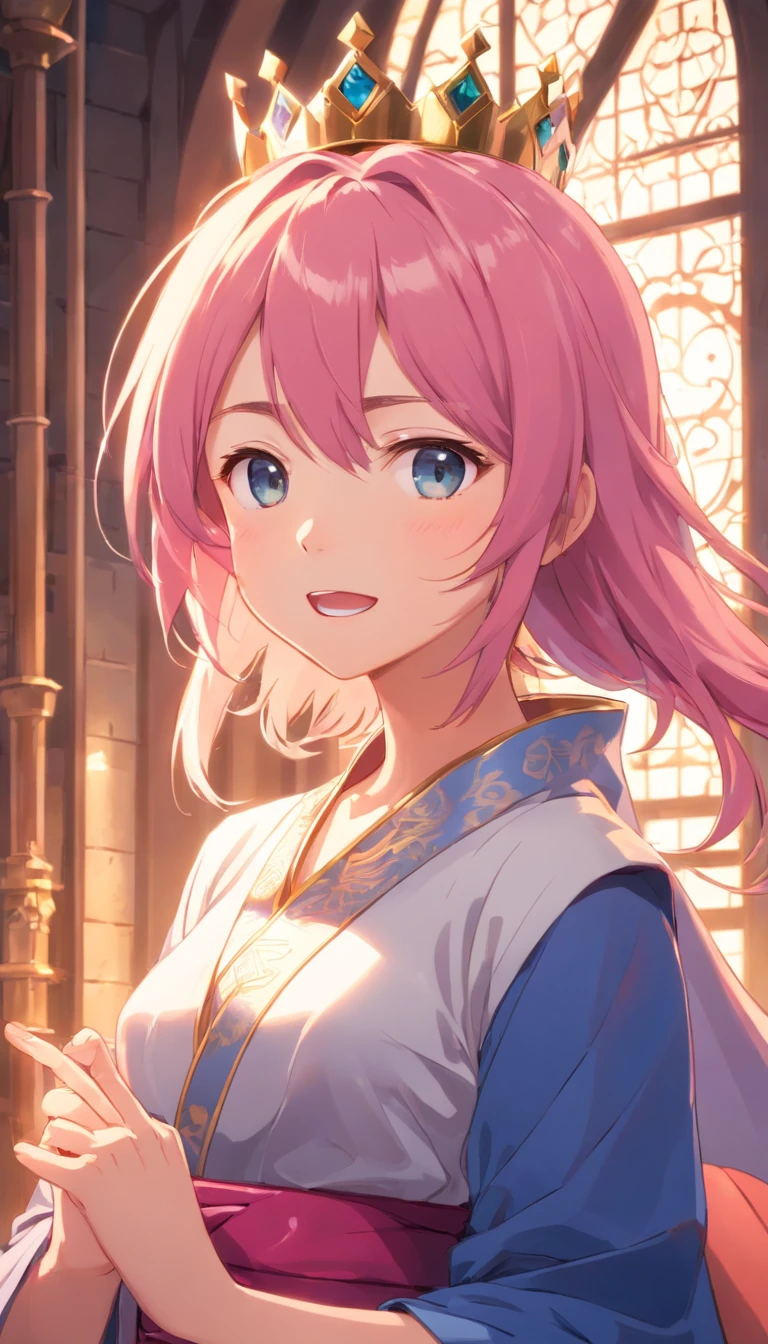 ((1girl, solo)),masterpiece, best quality, portrait, ultra-detail, illustration, close-up, gorgeous background, one beautiful, happy princess, pink hair, wearing decorative royal blue robes, pink pants, adorned with intricate patterns that hinted at her connection to ancient magic, reflection of her enigmatic nature, smiling confidentially with wide open mouth, wearing jewel necklace, magical bracelets, marvelous crown, in a castle brilliant texture work, face to the viewer