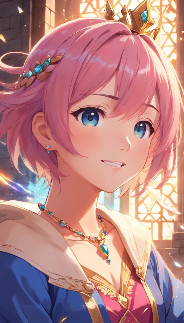 ((1girl, solo)),masterpiece, best quality, portrait, ultra-detail, illustration, close-up, gorgeous background, one beautiful, happy princess, pink hair, wearing decorative royal blue robes, pink pants, adorned with intricate patterns that hinted at her connection to ancient magic, reflection of her enigmatic nature, smiling confidentially with wide open mouth, wearing jewel necklace, magical bracelets, marvelous crown, in a castle brilliant texture work, face to the viewer