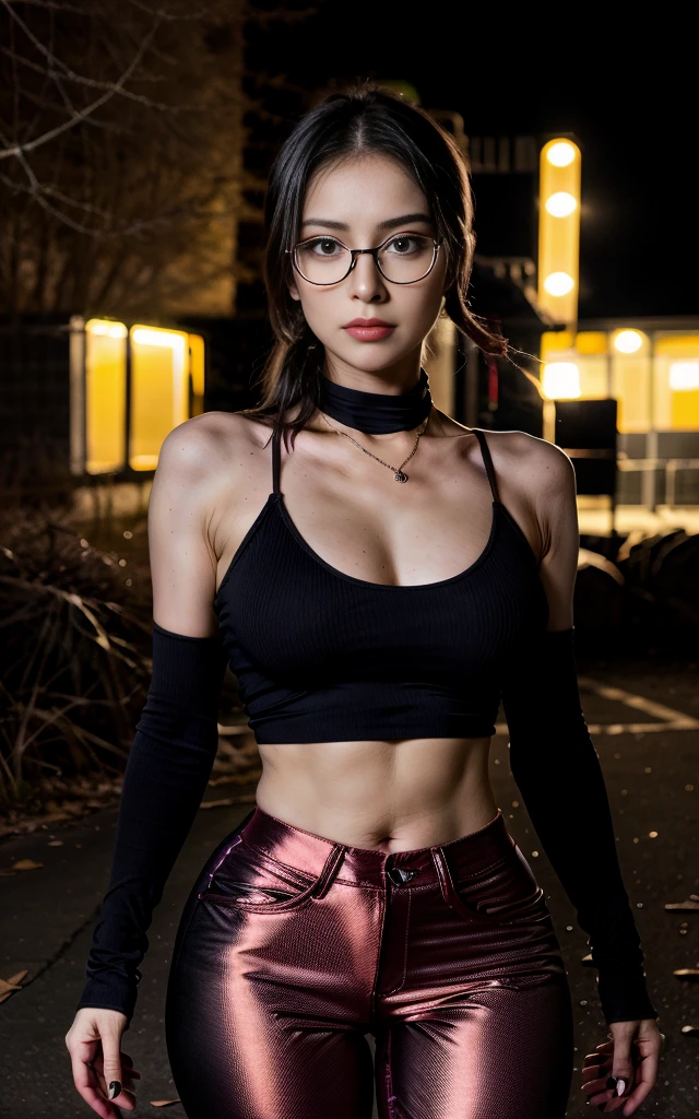 (8K, Masterpiece, RAW photo, Best quality, detail:1.3), (ultra realistic:1.4, scenary, 8K), Depth of field, Cinematic light, (ultra realistic face), (1 ultra skinny girl:1.3), (Beautiful and elegant girl), (tight red pants:1.4), (girl with glasses), (latina face:1.5), (natural abs), (full body:1.5), (tight black minitop:1.7), (small necklace, collarbone:1.1), (ultra detailed skin:1.3), (tight gloves)