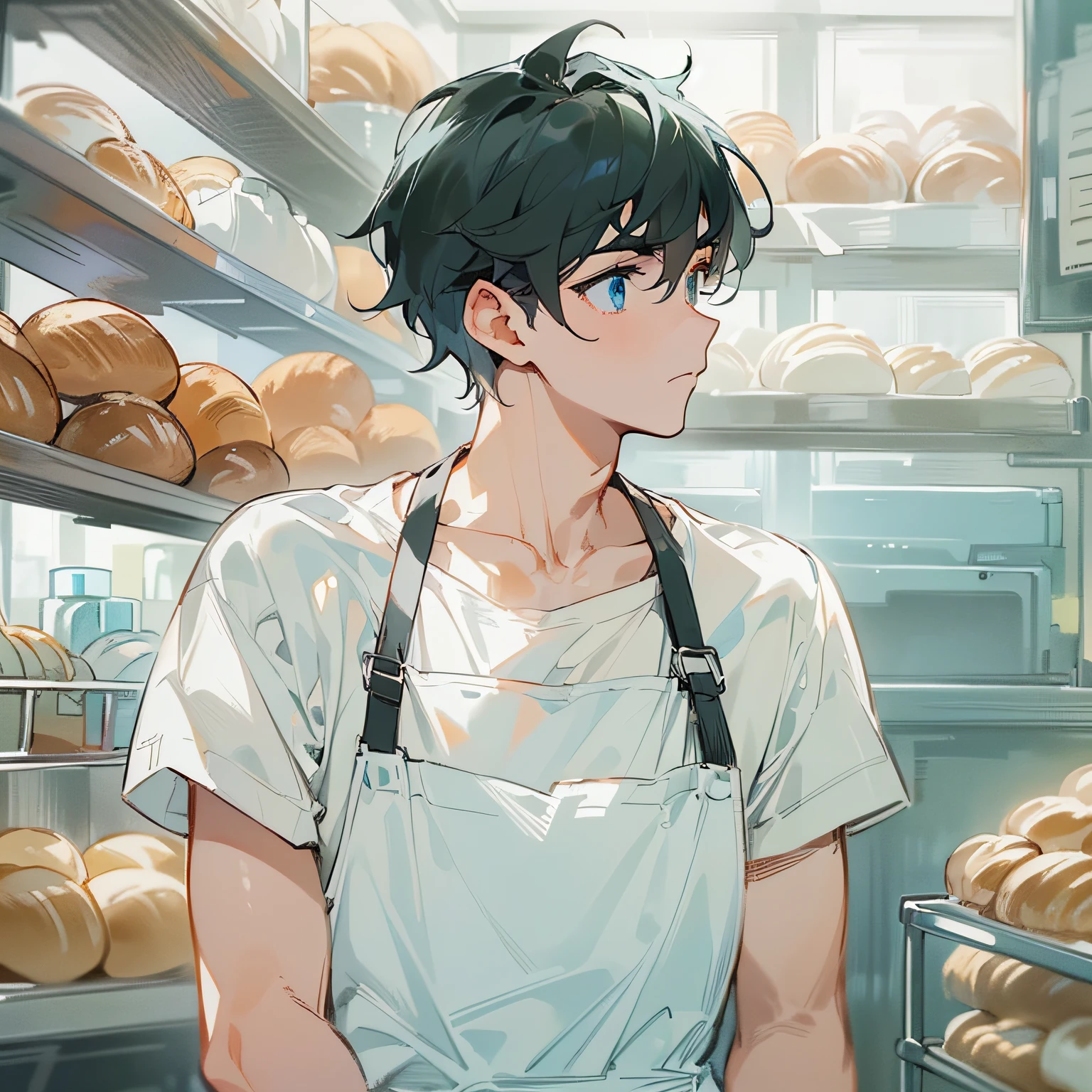 masterpiece、hightquality、20 year old man with short black hair and blue eyes、Like a cartoon in Japan、wearing white t-shirts、Wearing an apron、(Alone:1.5)、(A slightly troubled look:1.1)、(Close-up of your face:1.3)、(Only the upper body is shown.:1.3)、Bakery in the background、Bold composition、
