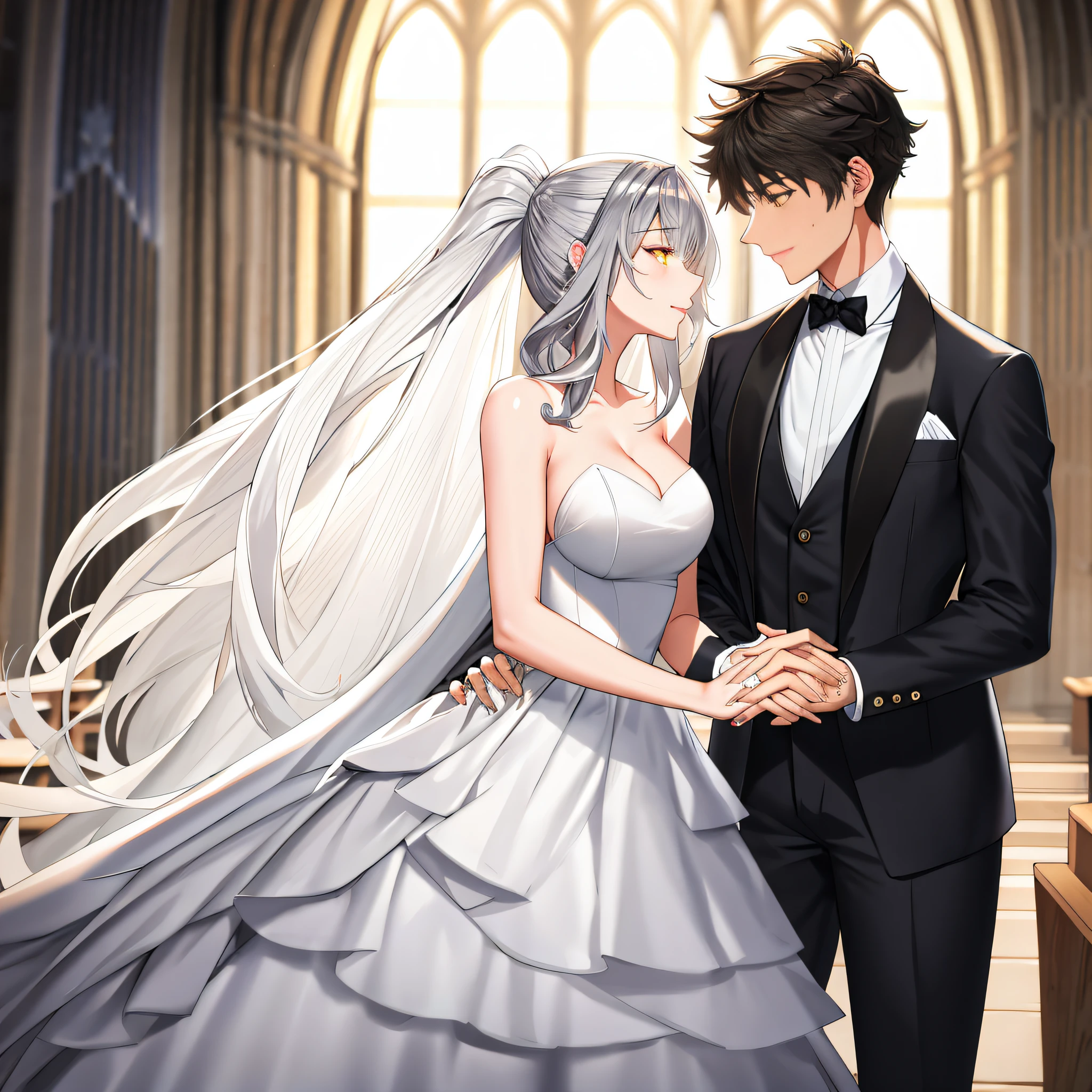 A man together with his wife inside a church, a wedding ceremony, church with white marble floor, white wall, a large glass window in the background with a view of the sea, daytime location, (Man wearing a black suit and black tie, white shirt, black pants, black shoes, black hair, black eyes, smiling, perfect eyes, perfect face, silver ring on her finger,muscular, Fairy_Tail, Gray_Fullbuster), (Wife wearing white wedding dress, exposed shoulder, big breasts, red eyes, black hair, long hair, ahoge, silver flower clip in her hair, smiling, perfect lips, perfect eyes, kawaii face, silver ring on her finger, white heels, Azur_lane, IJN_Taihou)UHD , prime work , accurate , anatomically correct , textured skin , super details , high quality , best quality, 8k, high resolution, bokeh effect. (just a man and his wife)

