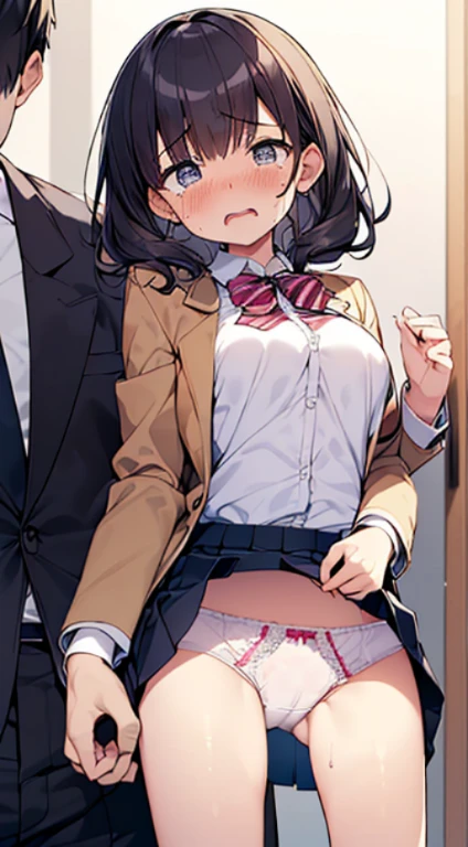 masutepiece, Best Quality,Illustration, Wallpaper, ultra -detail, Lori、(((molesting)))、Detailed eyes, Complex hairstyle、Sareme、((fear:1.5))、(Teary-eyed:1.5)、(((Cute underwear)))、(blazers、skirt by the)、ample breasts、((Morester))、((Girl being taken off her skirt by a man))