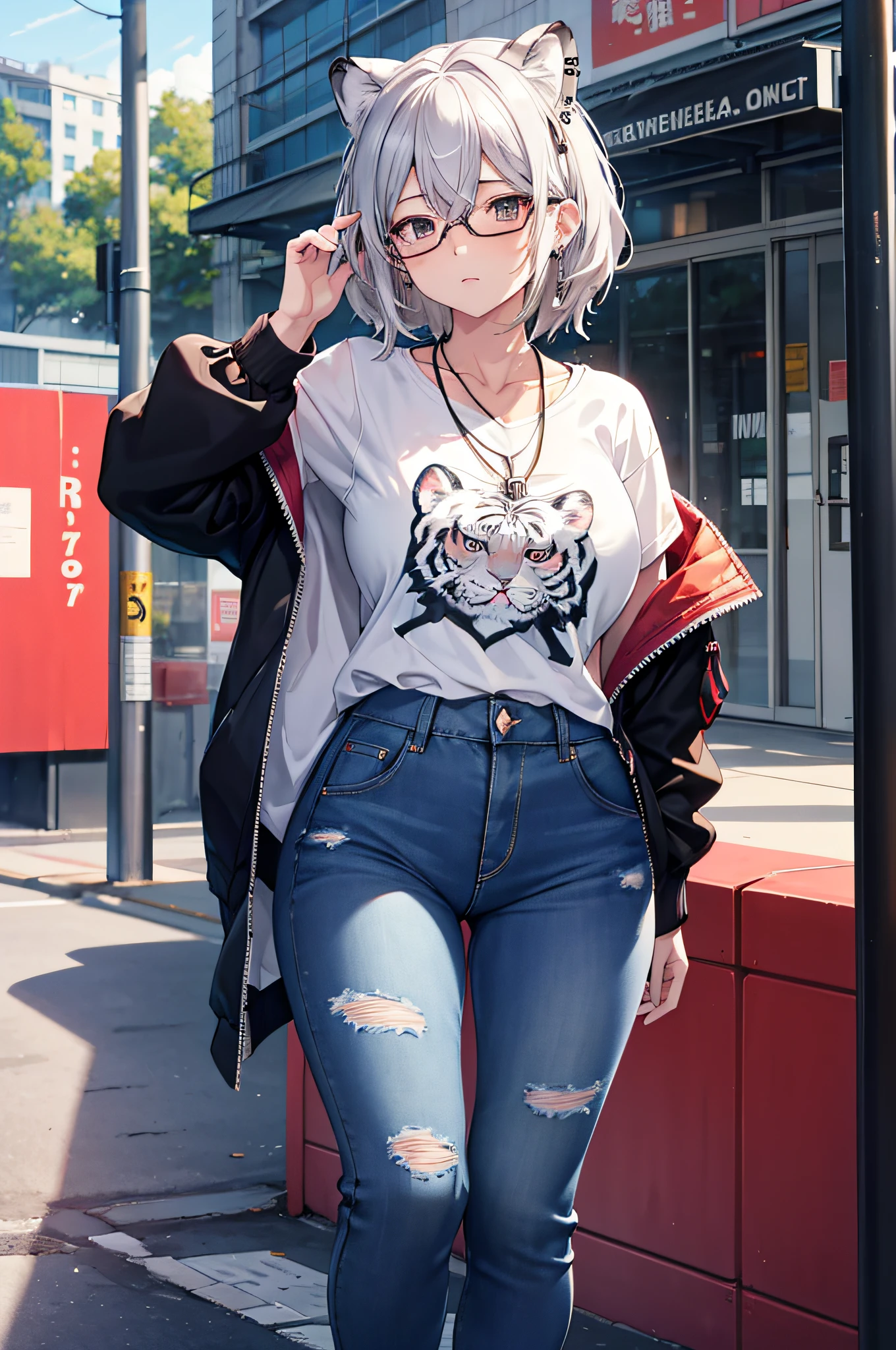 masterpiece,best quality,1girl,Hanekawa,Hanekawa Tsubasa,Monogatari,Street Wear, Casual, Big Breasts, Black Denim Jacket with a White Tiger face on, silver chain necklace , ear piercings, plain white t-shirt, mature, adult, tall, thighs