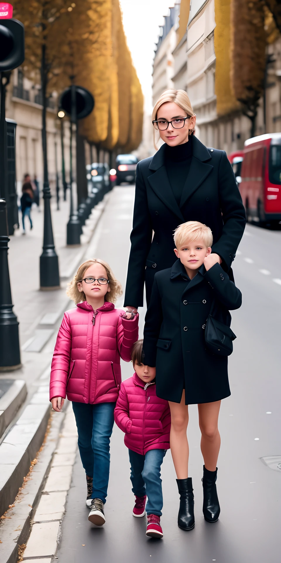 36 year old blonde girl wearing glasses and with her two children a  girl and a 7 year old bog through the streets of Paris