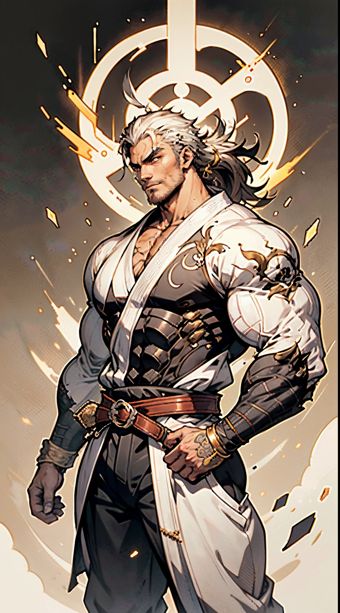 A young man, dense black-gold long hair, standing tall with upright hair, a majestic countenance, confident gaze, a scar under the eyes, a hearty smile, a fantasy-realistic tattered half-length martial arts outfit, short-sleeved, open-front robe revealing muscular physique, a coarse cloth belt around his waist, coarse trousers, towering and robust figure, he stands proudly, a glowing dark purple energy aura, the background depicts a black-and-white sky forming a yin-yang symbol, this character embodies a finely crafted fantasy-realistic martial artist in anime style, characterized by an exquisite and mature manga illustration art style, high definition, best quality, highres, ultra-detailed, ultra-fine painting, extremely delicate, professional, anatomically correct, symmetrical face, extremely detailed eyes and face, high quality eyes, creativity, RAW photo, UHD, 8k, Natural light, cinematic lighting, masterpiece-anatomy-perfect, masterpiece:1.5