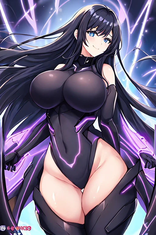 1girl, black hair, large breasts, breasts, thick thighs, wide hips, blue eyes, bodysuit, black bodysuit, long hair, light smile, happy, science-fiction, tech, futuristic, thighhighs, purple clothes, machinery, anime style, 2d, anime screencap, leotard