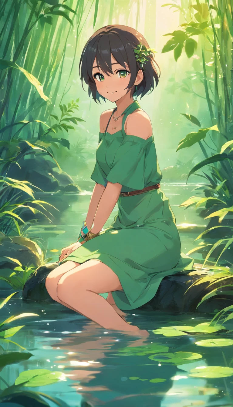 gorgeous lamia girl, sitting in swamp, seductive smile, jewelry