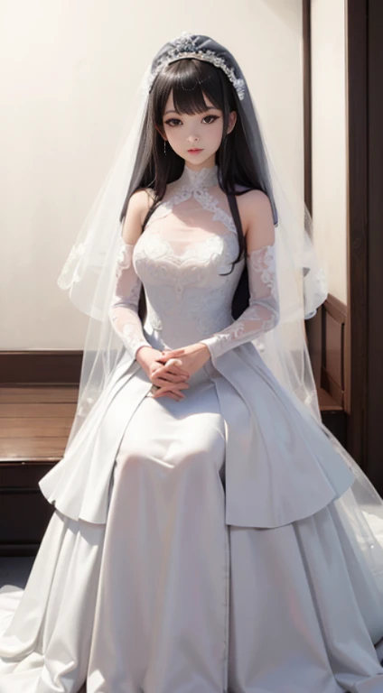 (top-quality, ​masterpiece, hight resolution), (Realisticity)、(softfocus)、beautfull Japanease woman、美丽的面容、 One girl，age19、 Beautiful black hair、 realistic skin textures，((White luxury wedding dresses))、(((Full body like)))、((Standing))、softlight、White background、(Nothing background)、