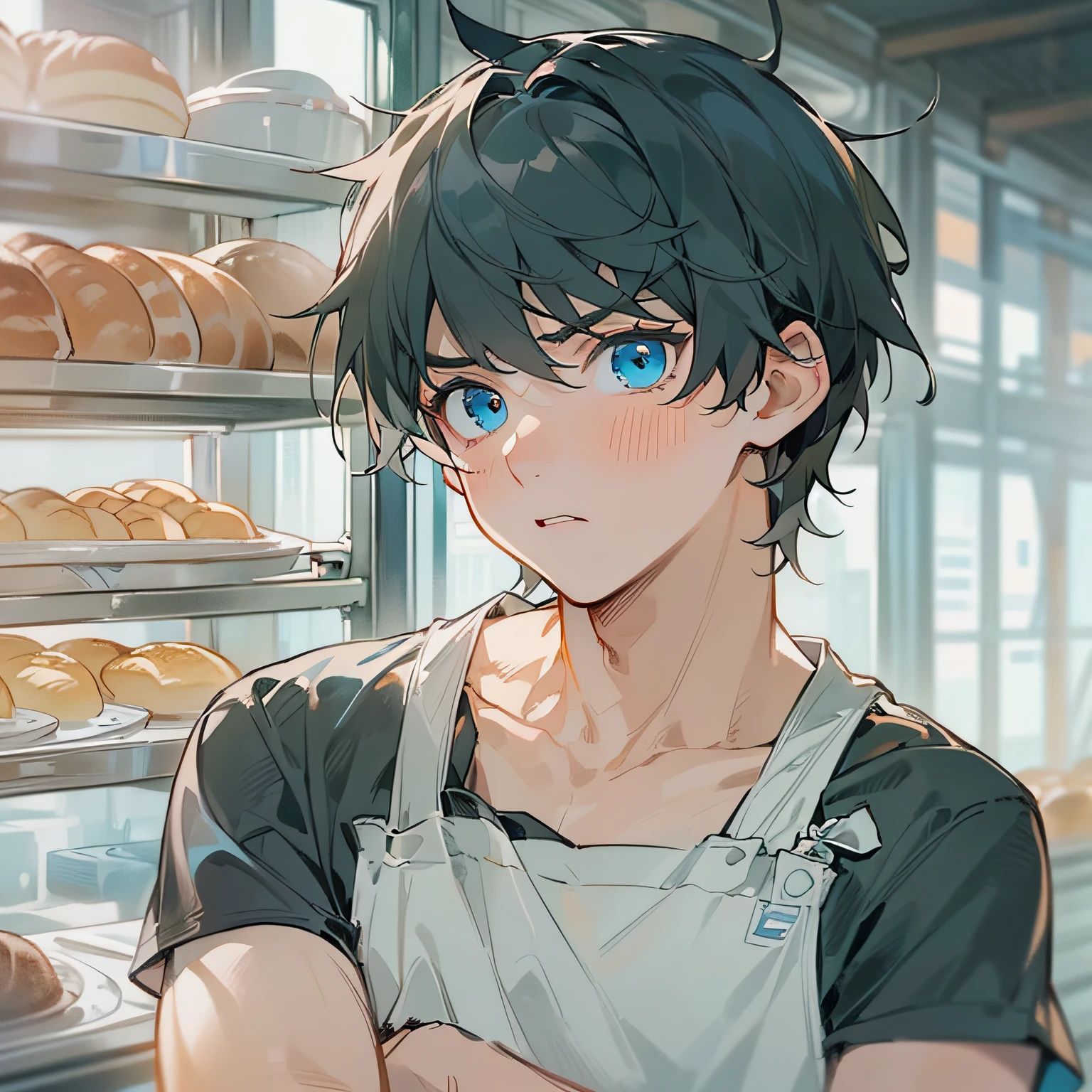 ​masterpiece、hightquality、20 year old man with short black hair and blue eyes、Like a cartoon in Japan、wearing white t-shirts、Wearing an apron、(Alone:1.5)、(A slightly troubled look:1.1)、(Close-up of your face:1.3)、(Only the upper body is shown.:1.3)、Bakery in the background、Bold composition、
