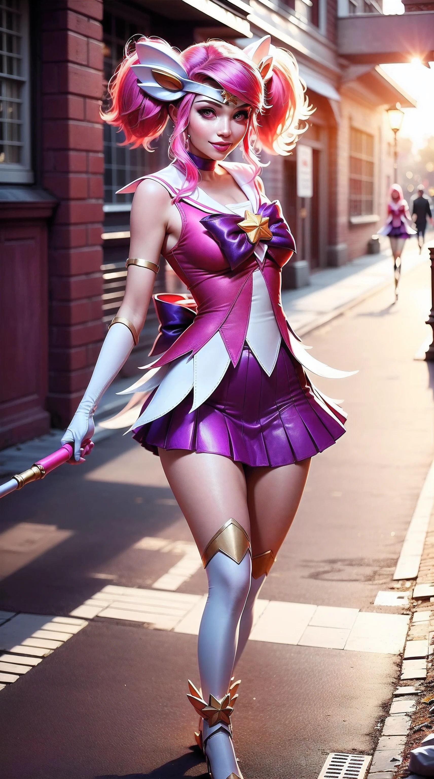 (solo, 1girl), (absurdres, ,highres, official wallpaper, poster), (masterpiece, best quality:1.2), (illustration, realistic), (perfect details, highest detailed, extreme detailed), dramatic light, starguardianlux, (white thighhighs, elbow gloves, hair ornament, tiara, skirt, star guardian \(league of legends\), ), (heart-shaped pupils, pink hair, twintails, short hair), (street, sunlight, seductive smile, ) piernas largas