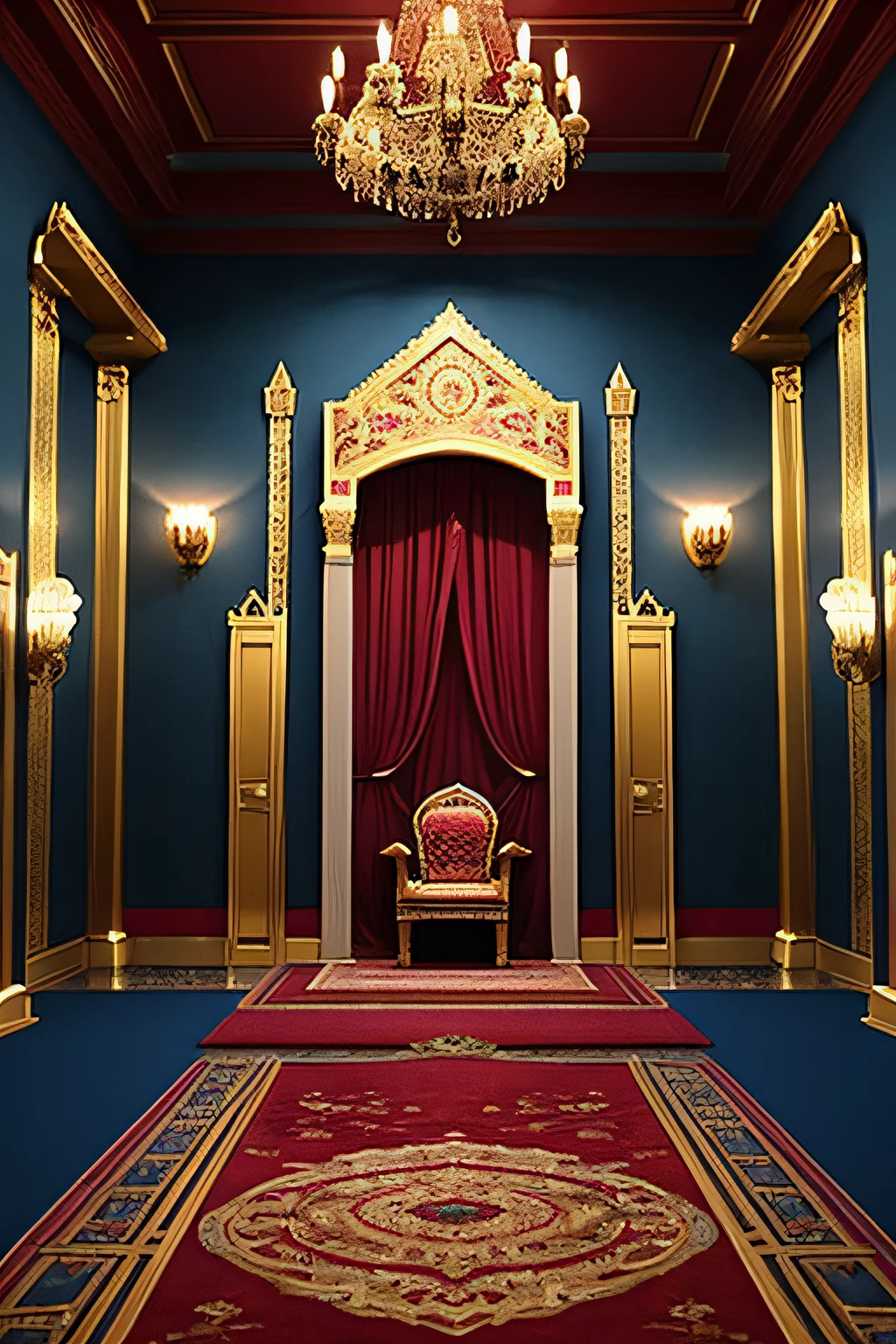 There is a hallway with a red carpet and a blue door, interior background art, Light Kingdom Background, palace background, decadent throne room, exquisitely designed throne room, a throne, Stunning Arcanum background, rustic throne room, Anime Background Art, Background Art Deco Palace, in throneroom, Background art, random background scene, personal room background, Castle background