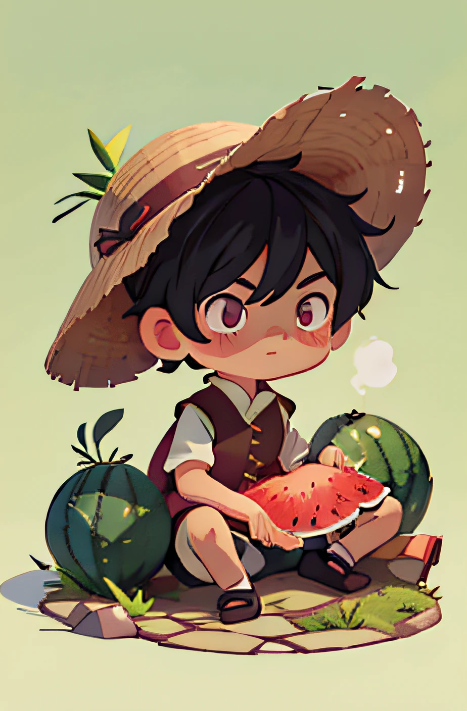 primitive，8K，tmasterpiece，simplebackground，Best quality，ultra - detailed，1  boy，peasant，With a straw hat，黑The eye，Black pupils，black color hair，Wear straw shoes，Red vest，Naked arms，with a round face，china idol，Big watermelon，sat on the ground，Holding a watermelon，2d，Sit cross-legged