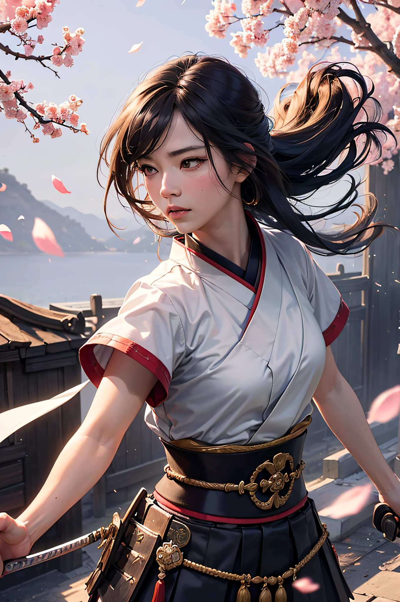 (best quality,4k,8k,highres,masterpiece:1.2),ultra-detailed,(realistic,photorealistic,photo-realistic:1.37),samurai,female,warrior,sword,armor,katana,determined expression,traditional clothing,dynamic pose,battlefield,falling cherry blossom petals,vivid colors,sharp focus,moonlight,beautiful detailed eyes,beautiful detailed lips,long hair,confident stance,Japanese culture,traditional art style,brave,strong,skilled,graceful,ferocious,ageless beauty,skillful movements,warrior spirit,serene background,ethereal atmosphere,proud,heroic