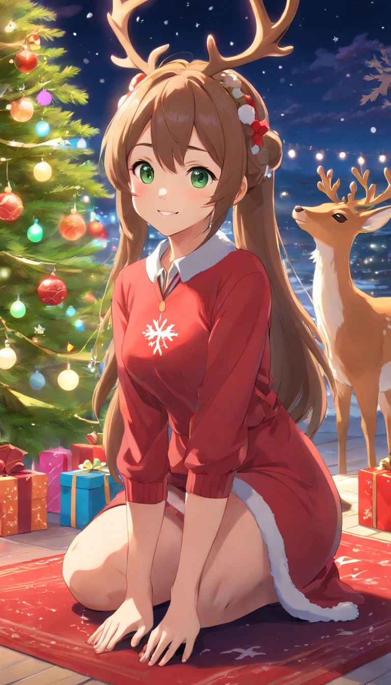 best quality, ((masterpiece)), highly detailed, seductive reindeer girl, smile, shy, double twisted hair buns, hair styled in loose waves, cute hair accessories, dress, jewelery, tail, sitting under christmas tree, deer ears, deer tail, light green floral pants, christmas lights