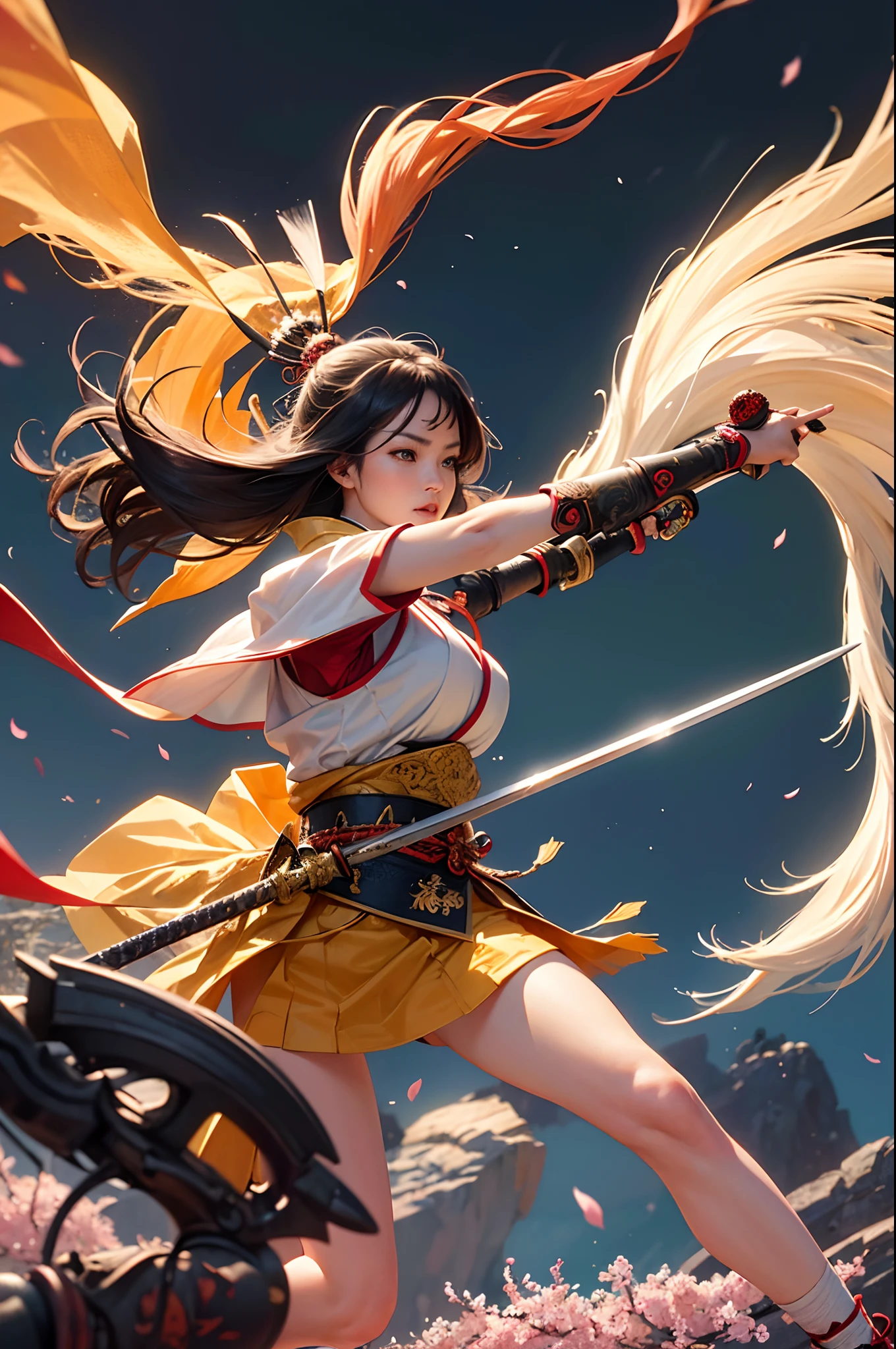 (best quality,4k,8k,highres,masterpiece:1.2),ultra-detailed,(realistic,photorealistic,photo-realistic:1.37),samurai,female,warrior,sword,armor,katana,determined expression,traditional clothing,dynamic pose,battlefield,falling cherry blossom petals,vivid colors,sharp focus,moonlight,beautiful detailed eyes,beautiful detailed lips,long hair,confident stance,Japanese culture,traditional art style,brave,strong,skilled,graceful,ferocious,ageless beauty,skillful movements,warrior spirit,serene background,ethereal atmosphere,proud,heroic