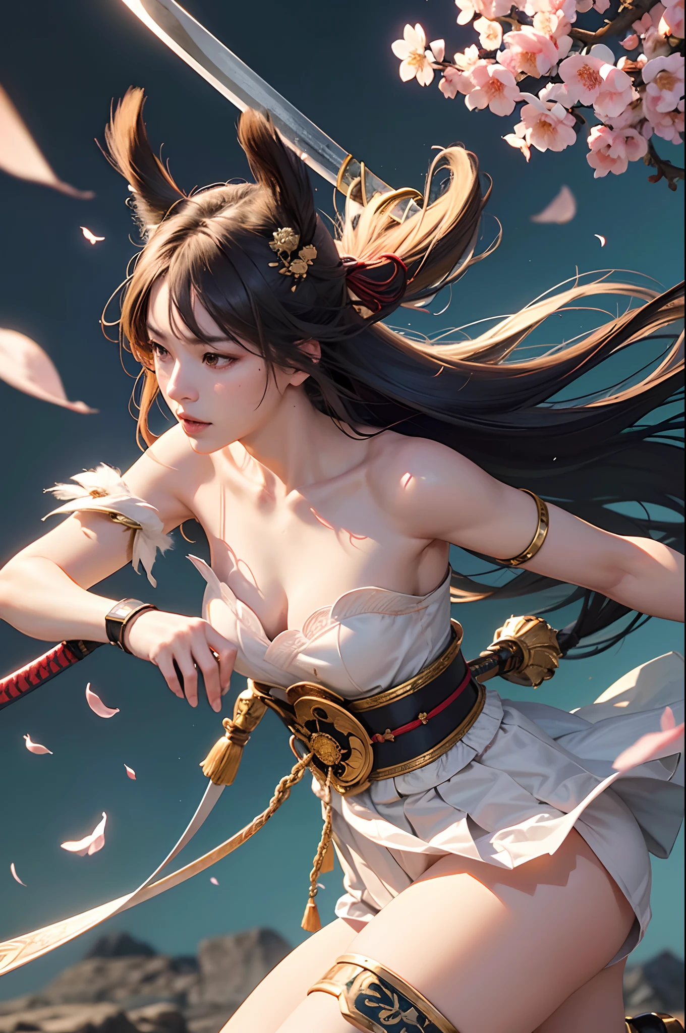 (best quality,4k,8k,highres,masterpiece:1.2),ultra-detailed,(realistic,photorealistic,photo-realistic:1.37),samurai,female,warrior,sword,armor,katana,determined expression,traditional clothing,dynamic pose,battlefield,falling cherry blossom petals,vivid colors,sharp focus,moonlight,beautiful detailed eyes,beautiful detailed lips,long hair,confident stance,Japanese culture,traditional art style,brave,strong,skilled,graceful,ferocious,ageless beauty,skillful movements,warrior spirit,serene background,ethereal atmosphere,proud,heroic